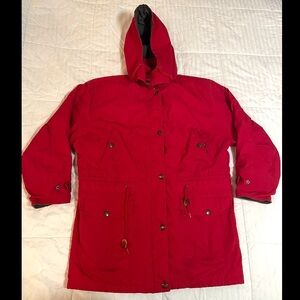 VTG Towne By London Fog Jacket Red Mens Large Zip UP Removable Hood Plaid Lining